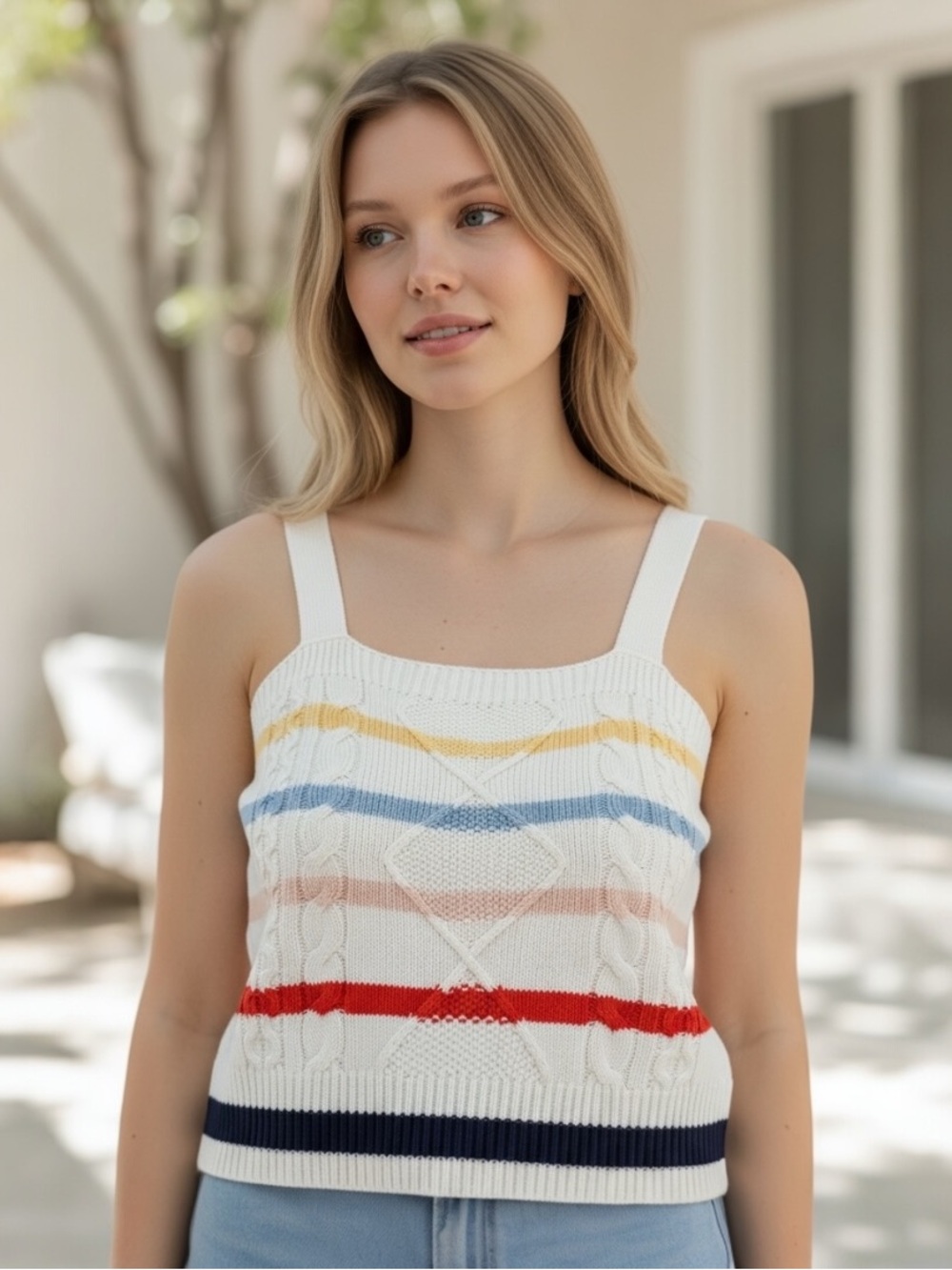 TU WOMAN ANTHRO CABLEKNIT STRIPED SWEATER TANK SIZE UK 12 US 8 MEDIUM